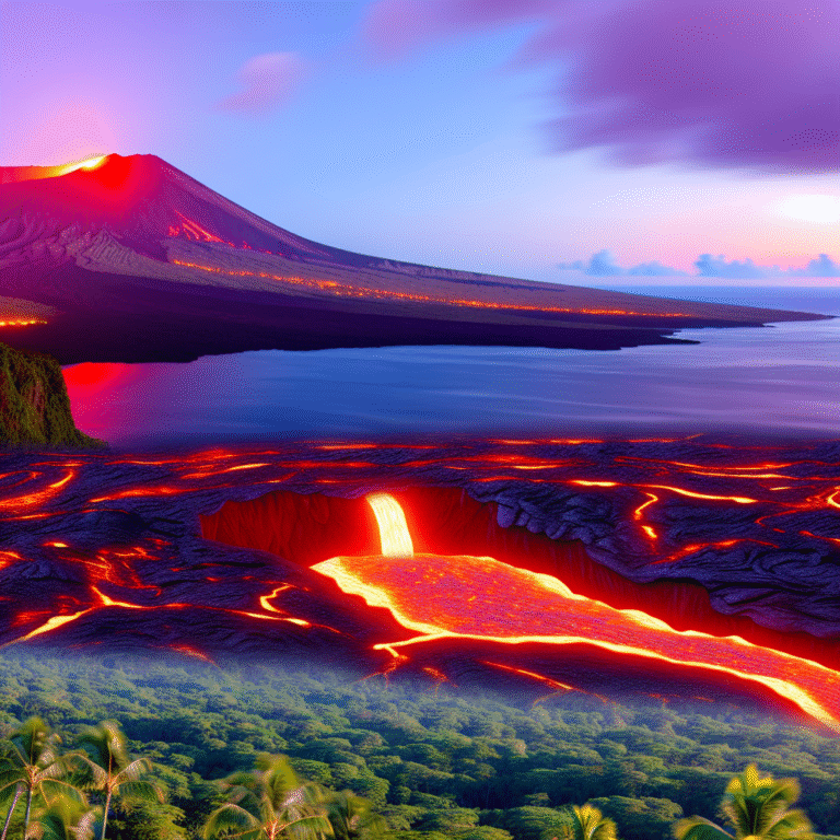 Kilauea volcano erupting on Hawaii's Big Island with lava, lush forest, and ocean in the background.