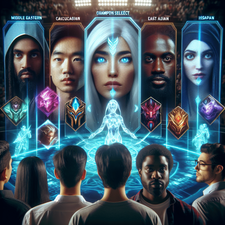 Gamers determining which League of Legends champion they are, holographic champions appearing above in an eSports arena.