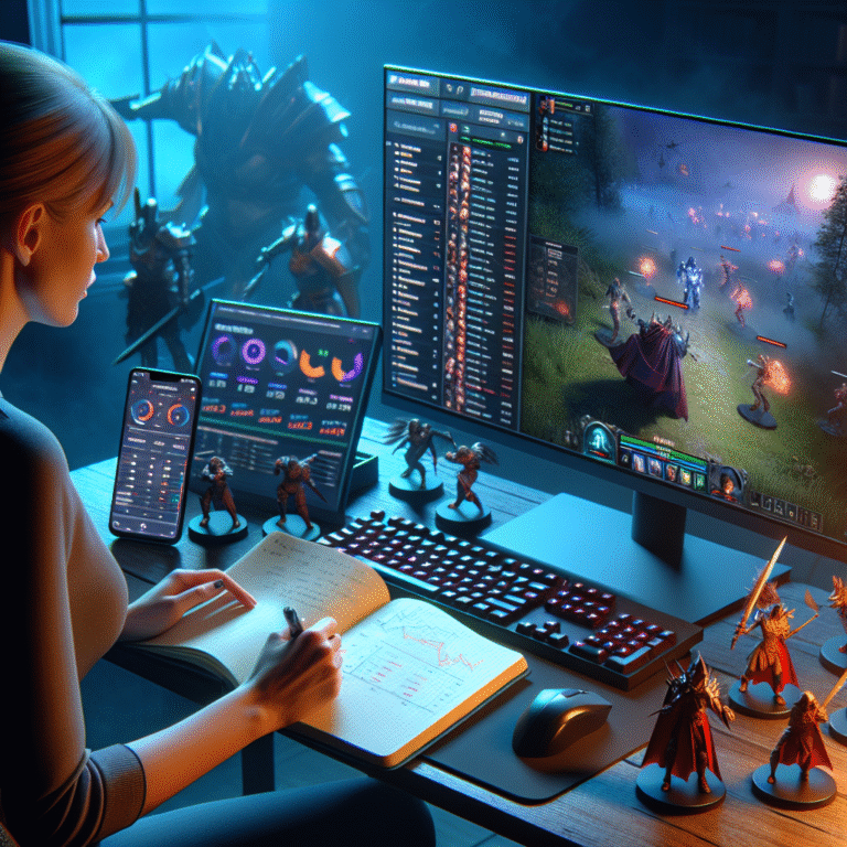 Gamer reading current League of Legends patch notes, gaming PC glowing, champion figures on desk.