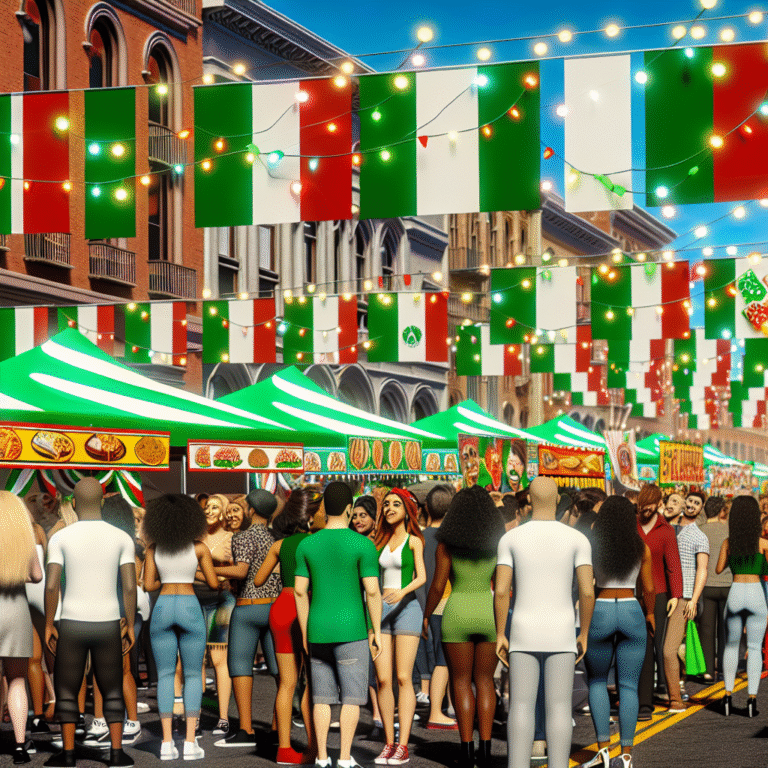 Mulberry Street in Little Italy NYC decorated for San Gennaro Festival, filled with food vendors and festive crowds.