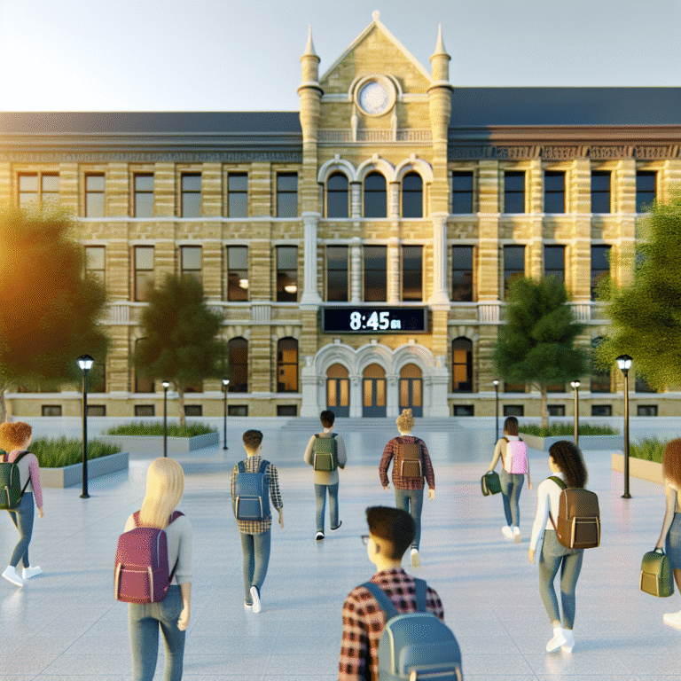 Cardozo High School sunrise: students arrive under golden light, digital clock shows 8:45 AM, historic façade visible.
