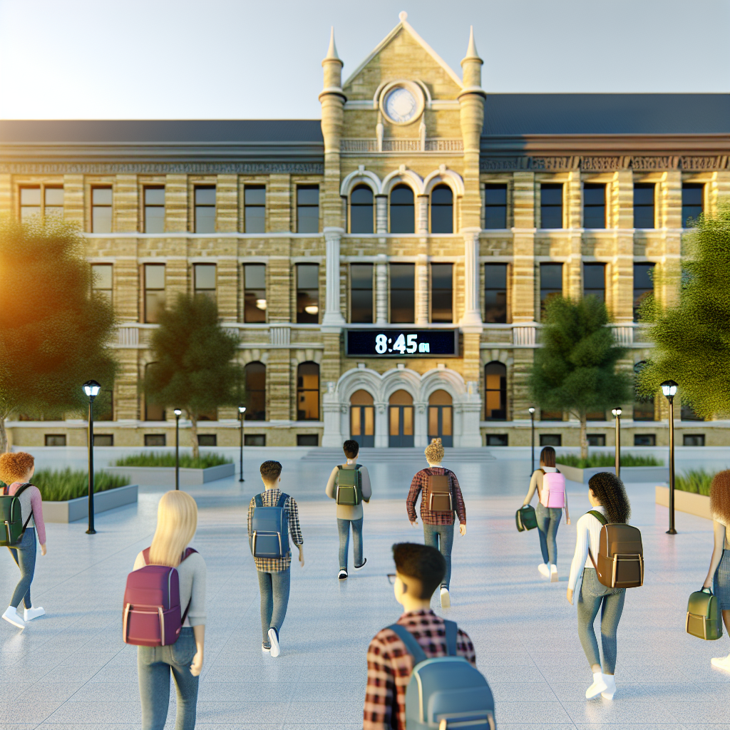 Cardozo High School sunrise: students arrive under golden light, digital clock shows 8:45 AM, historic façade visible.