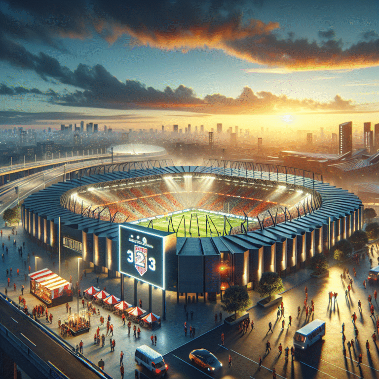 Eagles and Rams fans gather at SoFi Stadium at sunset, arriving under a digital scoreboard showing the upcoming game start time.
