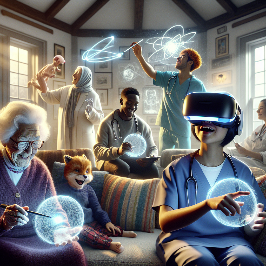 Family and professionals using VR headsets for gaming, study, and real-life simulation in a bright modern room.