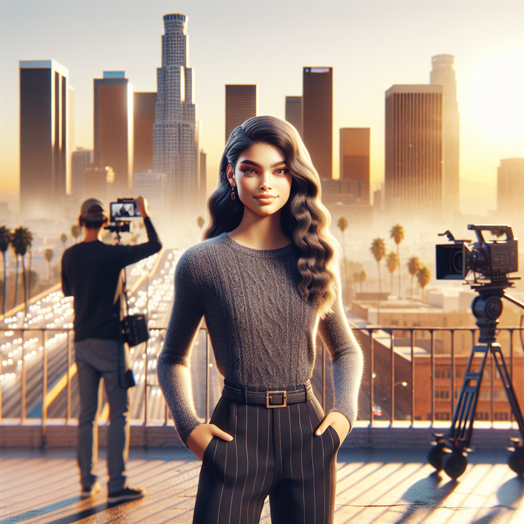Young Bella Hadid posing at her first modeling photoshoot on a Los Angeles rooftop, city skyline behind her.