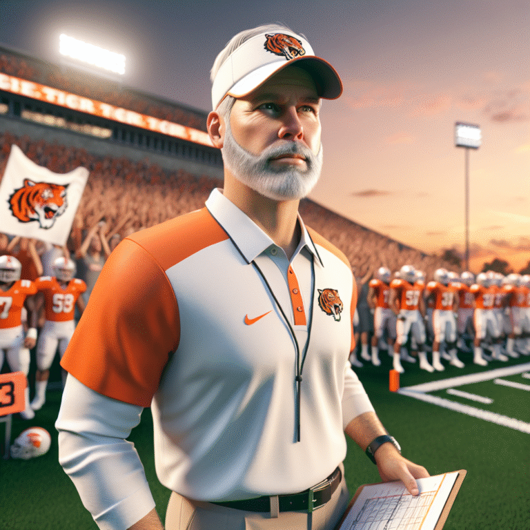 Dabo Swinney coaching on the Clemson sidelines, fans and the paw logo in the background at sunset.