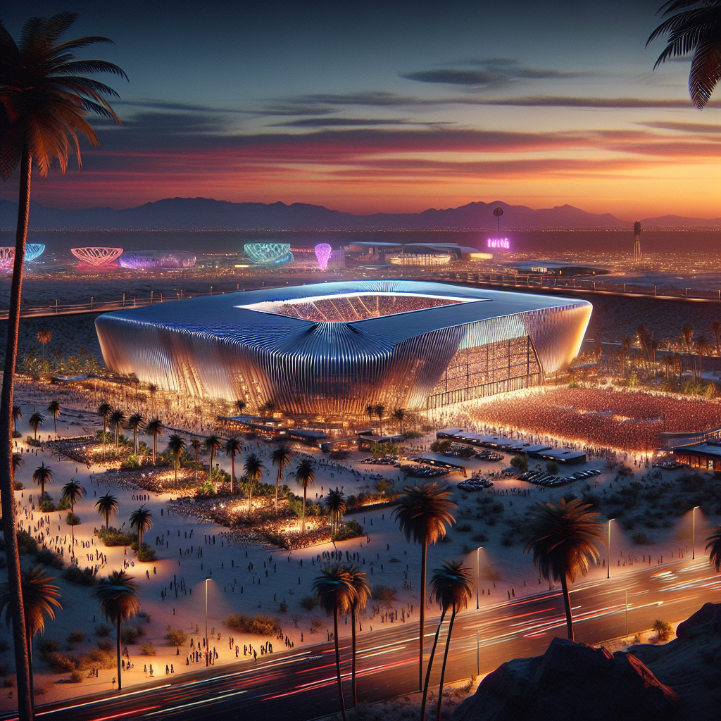 Desert Diamond Arena at sunset in Glendale, Arizona, bustling with fans and the Westgate Entertainment District in view.