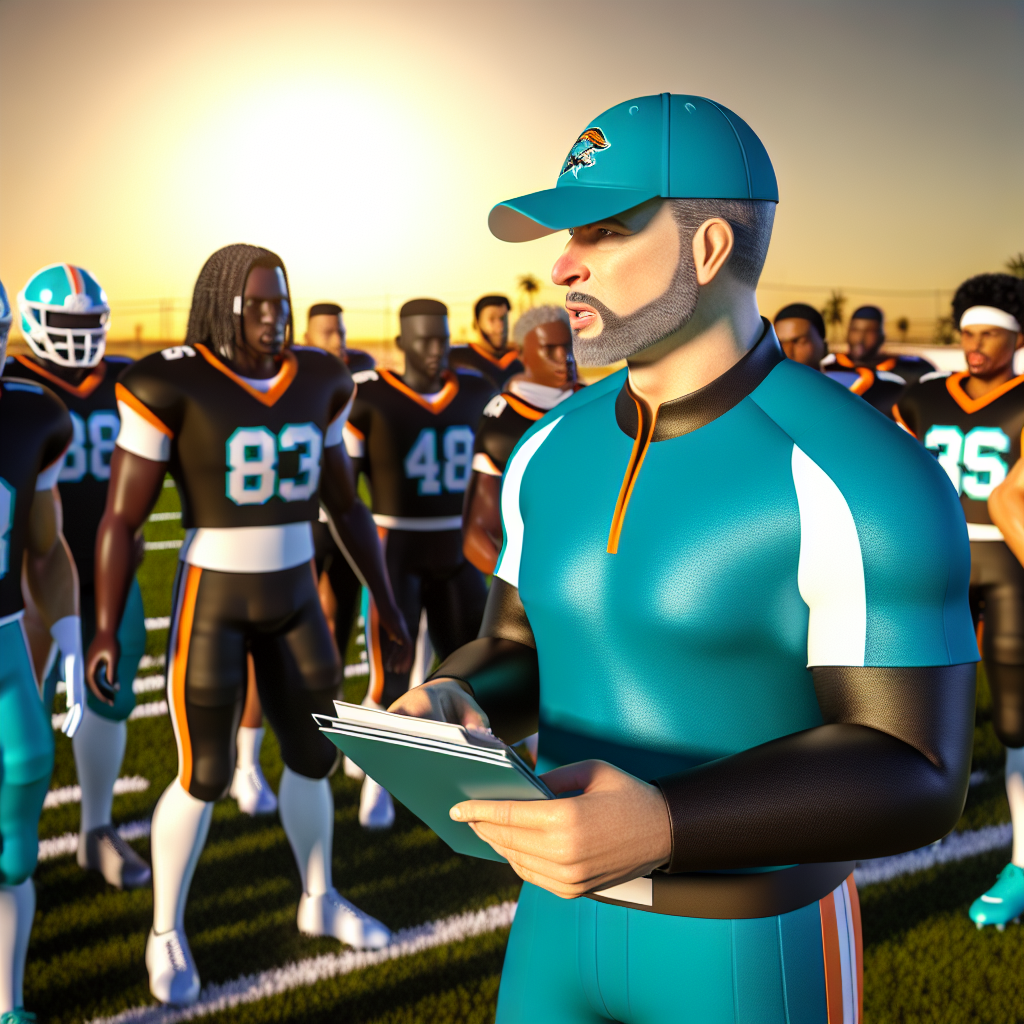 Mike McDaniel coaching Miami Dolphins at dawn—players in training, leadership and energy visible on the field.