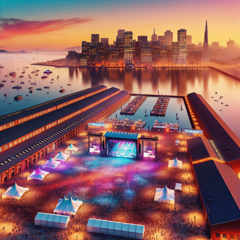 Portola Music Festival at Pier 80, San Francisco, with crowds, stages, and sunset cityscape.