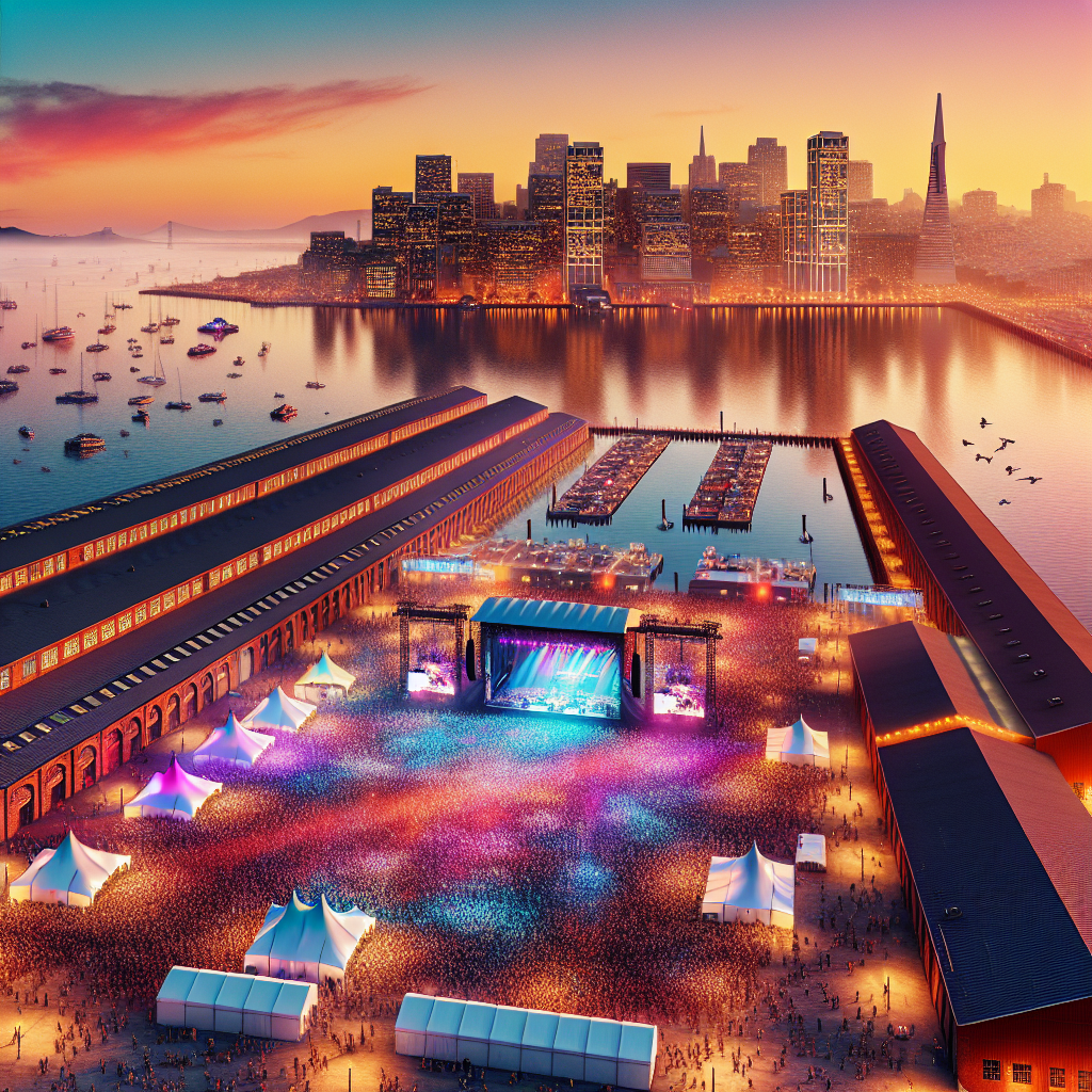 Portola Music Festival at Pier 80, San Francisco, with crowds, stages, and sunset cityscape.