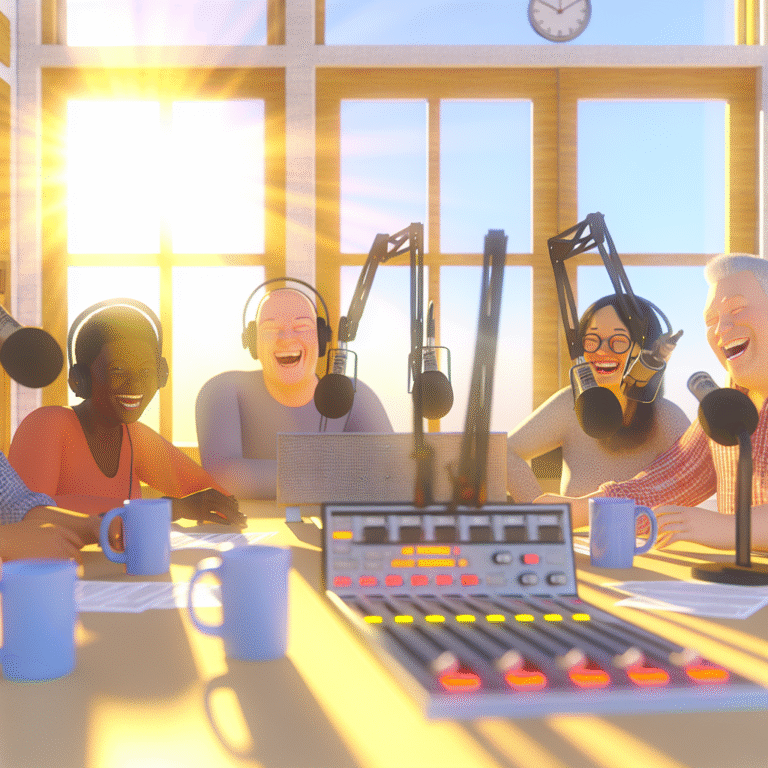 Rickey Smiley Morning Show hosts laughing together in a sunlit radio studio, microphones and coffee mugs on desk.
