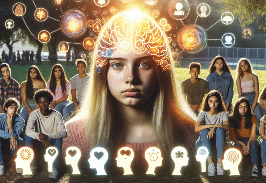 Teens and young adults in a park with symbolic emotions and neural imagery, visually representing the onset of personality disorders.