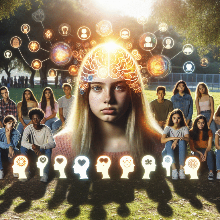 Teens and young adults in a park with symbolic emotions and neural imagery, visually representing the onset of personality disorders.
