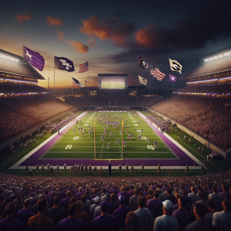 Big 12 football stadium at dusk with fans, teams warming up, TCU and Kennesaw State banners, and fall kickoff atmosphere.