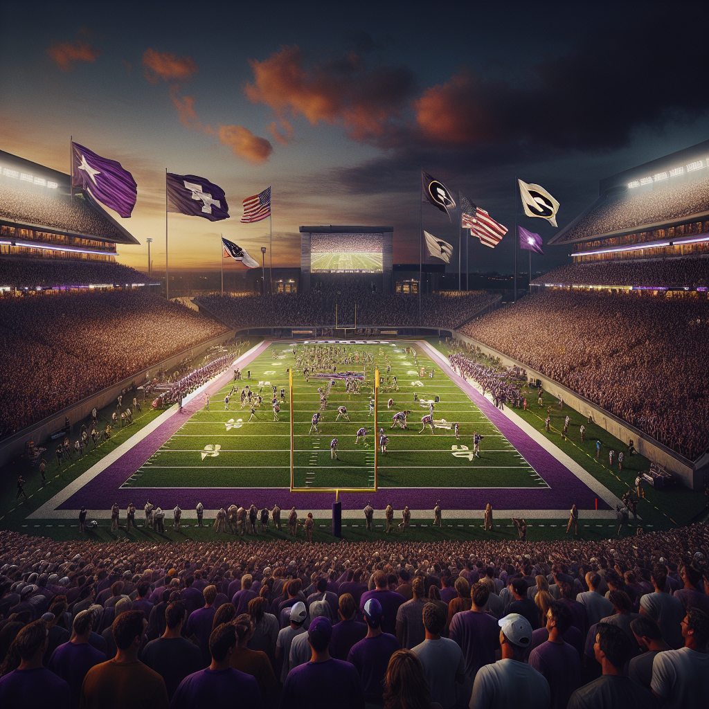 Big 12 football stadium at dusk with fans, teams warming up, TCU and Kennesaw State banners, and fall kickoff atmosphere.