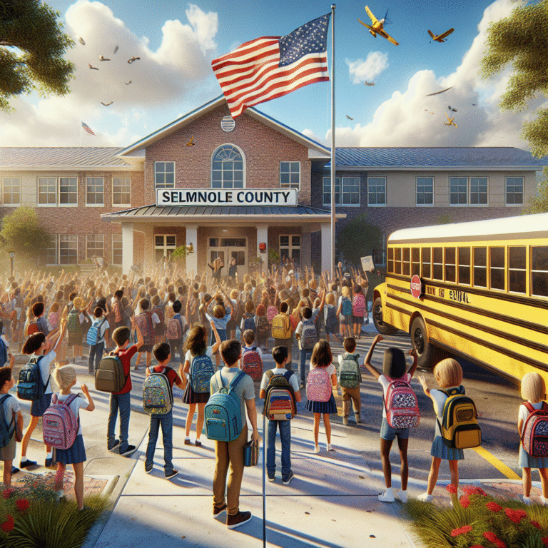 Seminole County students returning to school on a sunny first day, with teachers greeting families in front of a school building and buses.