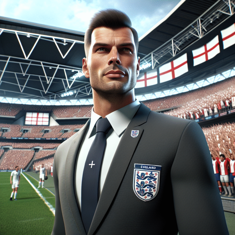 Thomas Tuchel stands on the Wembley Stadium field, England crest on suit, amid press and fans, hinting at a new managerial era.