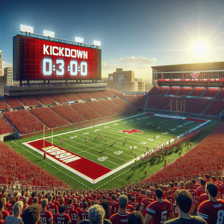 Wisconsin Badgers football stadium at sunrise, fans and players preparing for game start with a countdown scoreboard.