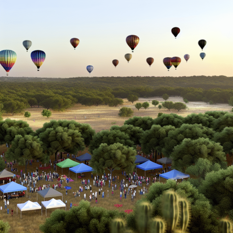 Plano Balloon Festival at sunrise with hot air balloons launching above Oak Point Park, families watching below.