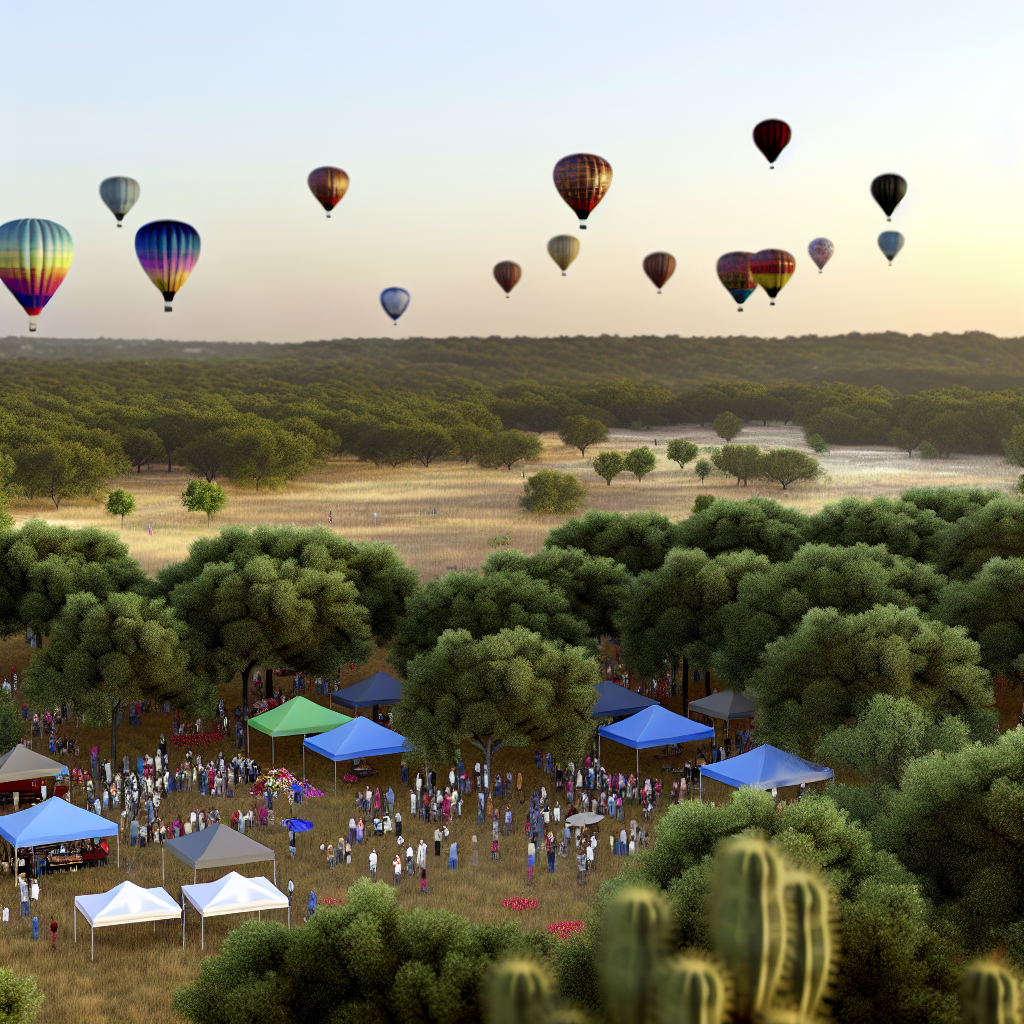 Plano Balloon Festival at sunrise with hot air balloons launching above Oak Point Park, families watching below.