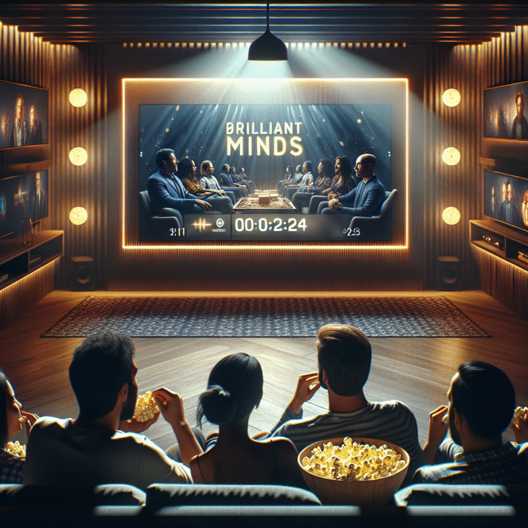 Friends gathered in a modern living room streaming Brilliant Minds, TV displaying episode info and countdown, cozy nighttime setting.
