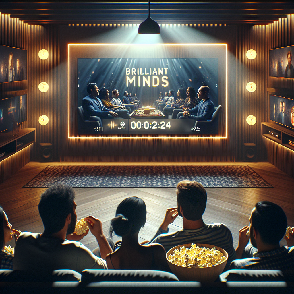 Friends gathered in a modern living room streaming Brilliant Minds, TV displaying episode info and countdown, cozy nighttime setting.