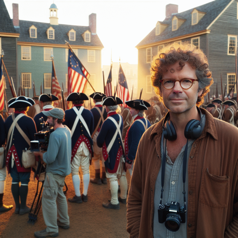 Ken Burns on location with American Revolution reenactors, flags, and historic buildings during documentary filming.