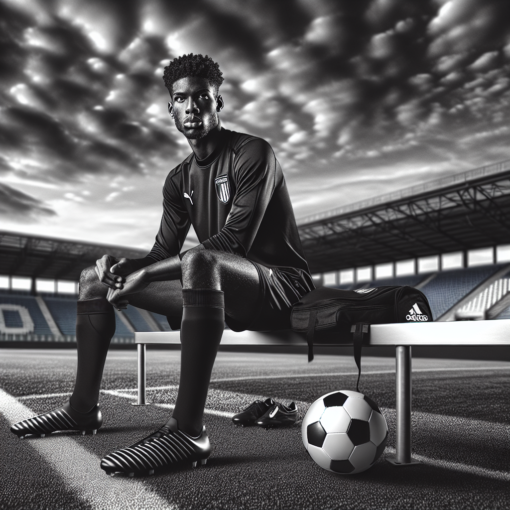 Paul Pogba in Juventus kit on the bench, contemplating his return to football on an empty field.