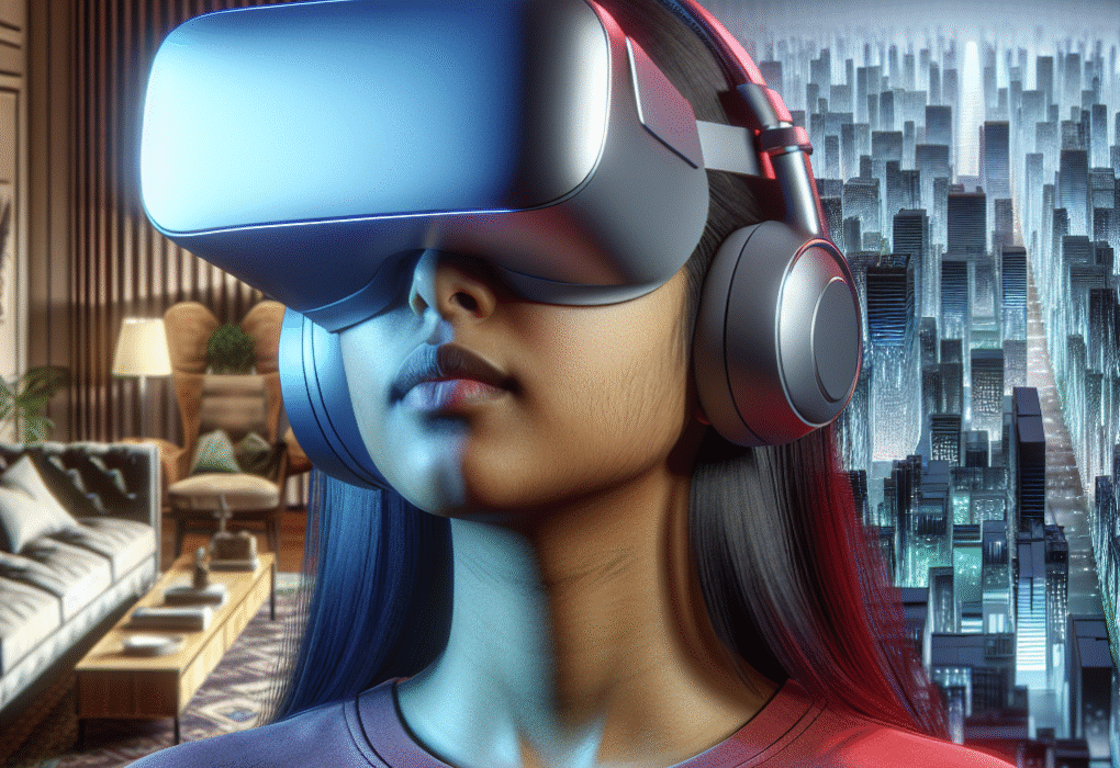 User experiencing an ultra-realistic virtual city through VR headset, with blurred lines between real and digital environments.