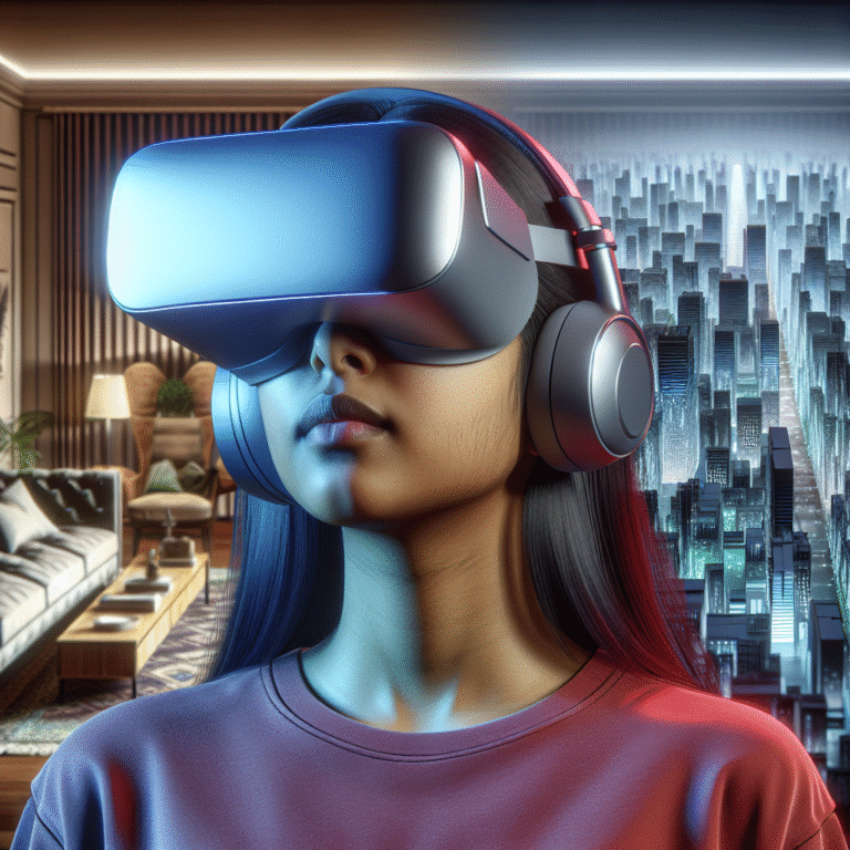 User experiencing an ultra-realistic virtual city through VR headset, with blurred lines between real and digital environments.