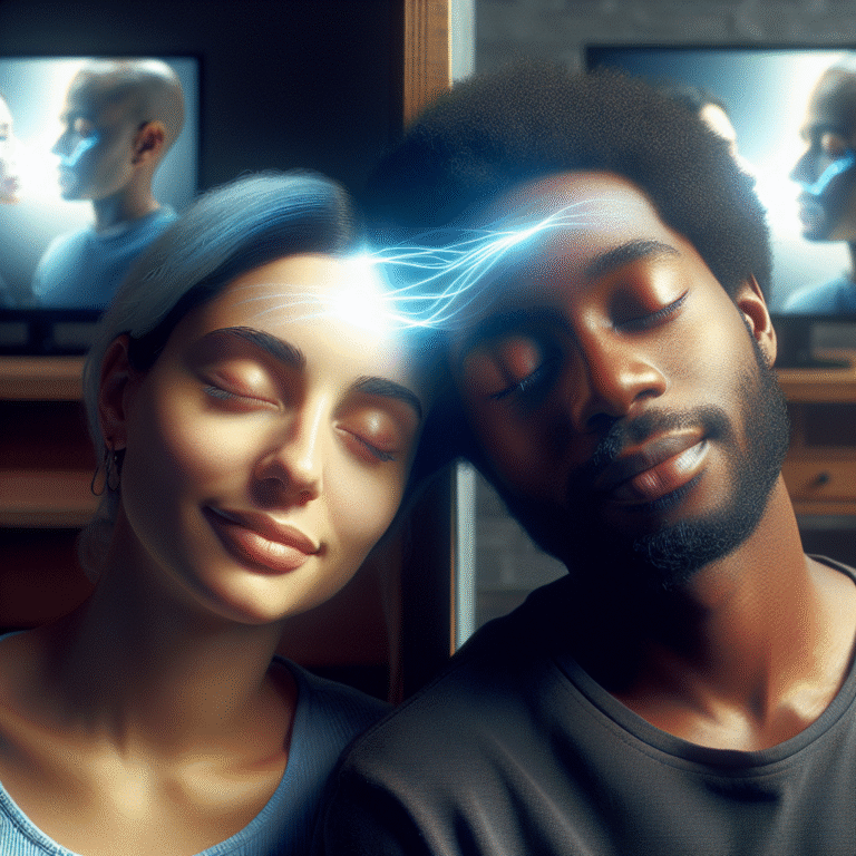 Two people connected by a glowing mental link as they experience telepathy, with a telepathy documentary playing on a TV in the background.