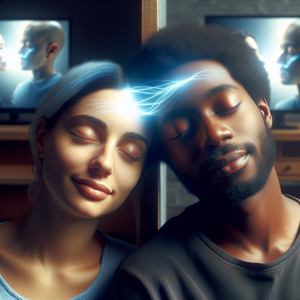 Two people connected by a glowing mental link as they experience telepathy, with a telepathy documentary playing on a TV in the background.