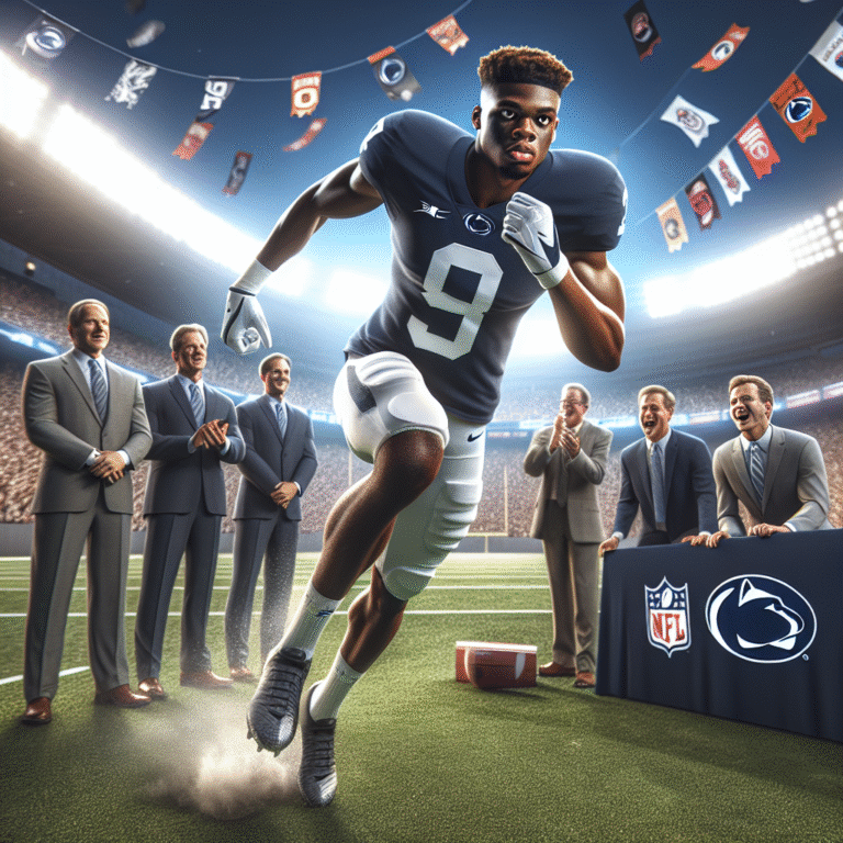 Abdul Carter in Penn State uniform running on field, NFL scouts and draft banners visible with stadium atmosphere.
