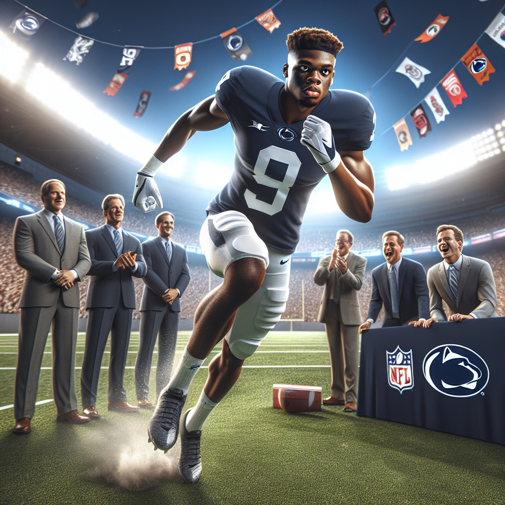 Abdul Carter in Penn State uniform running on field, NFL scouts and draft banners visible with stadium atmosphere.