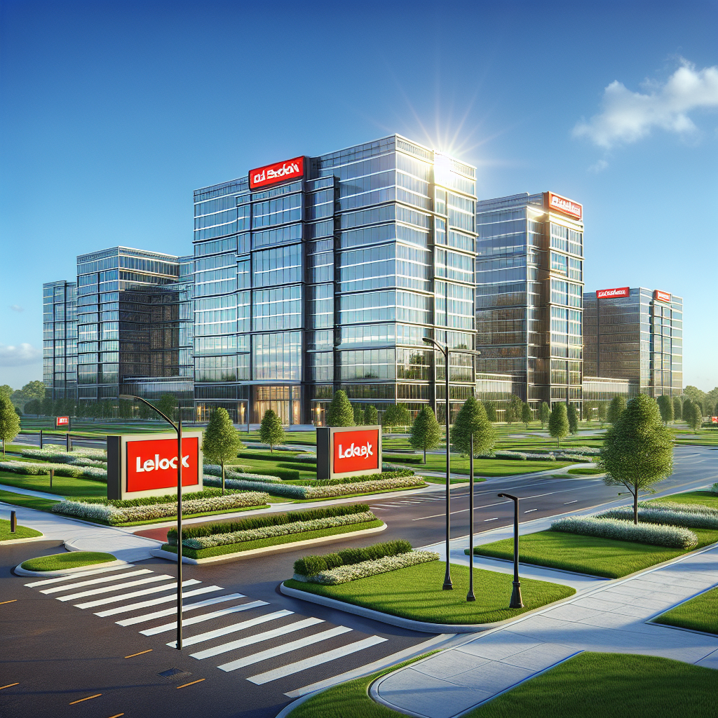 State Farm headquarters in Bloomington, Illinois, modern campus buildings, red logo and manicured grounds.