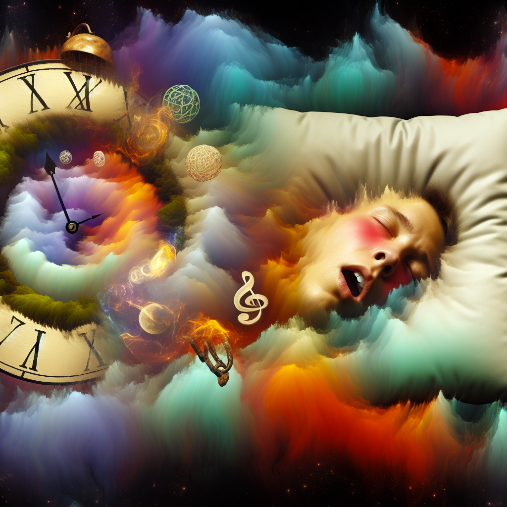 Restless sleeper experiencing surreal fever dreams with vivid, odd dream symbolism.