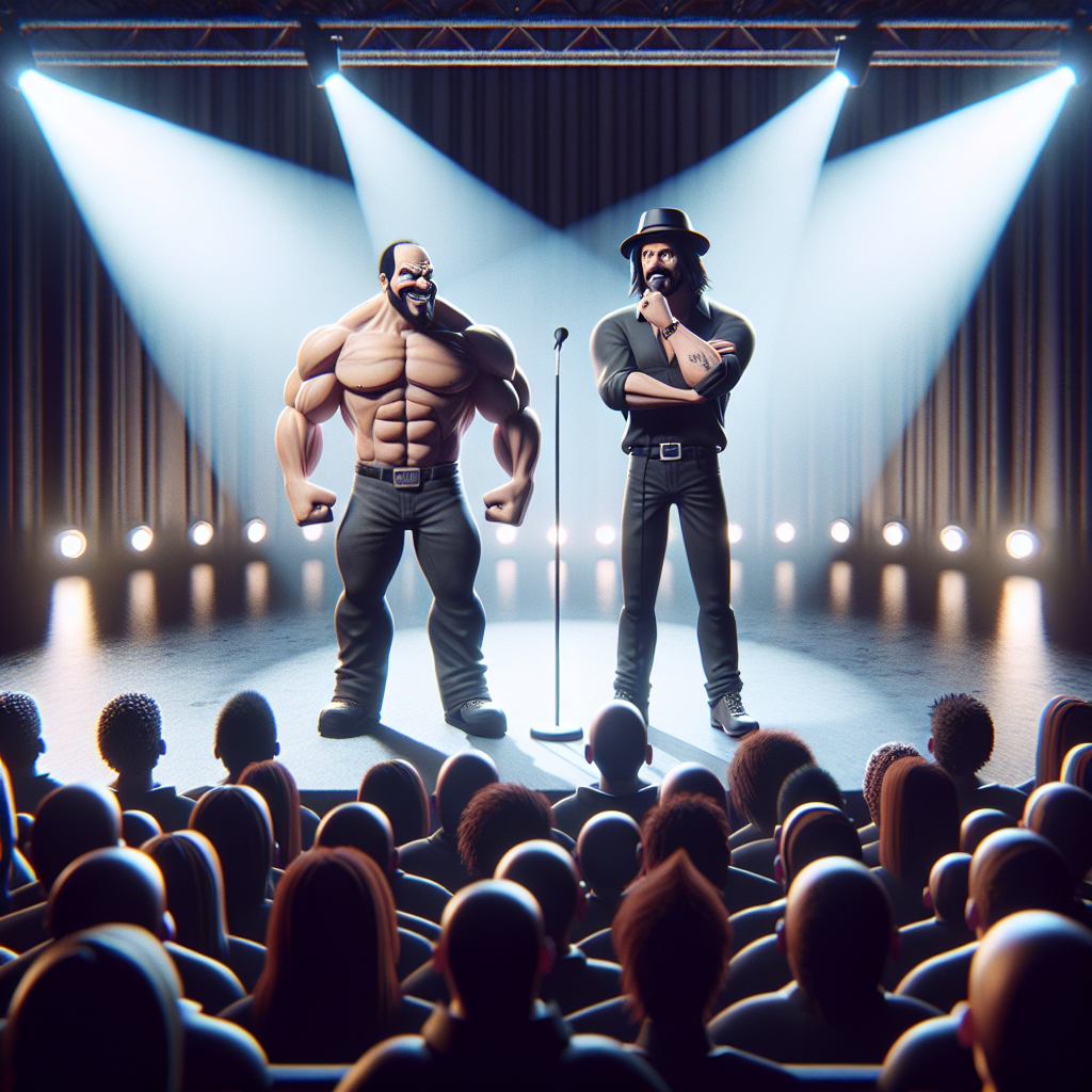 Kevin Hart and Katt Williams facing off on stage at a comedy club, spotlighted with an engaged audience behind them.