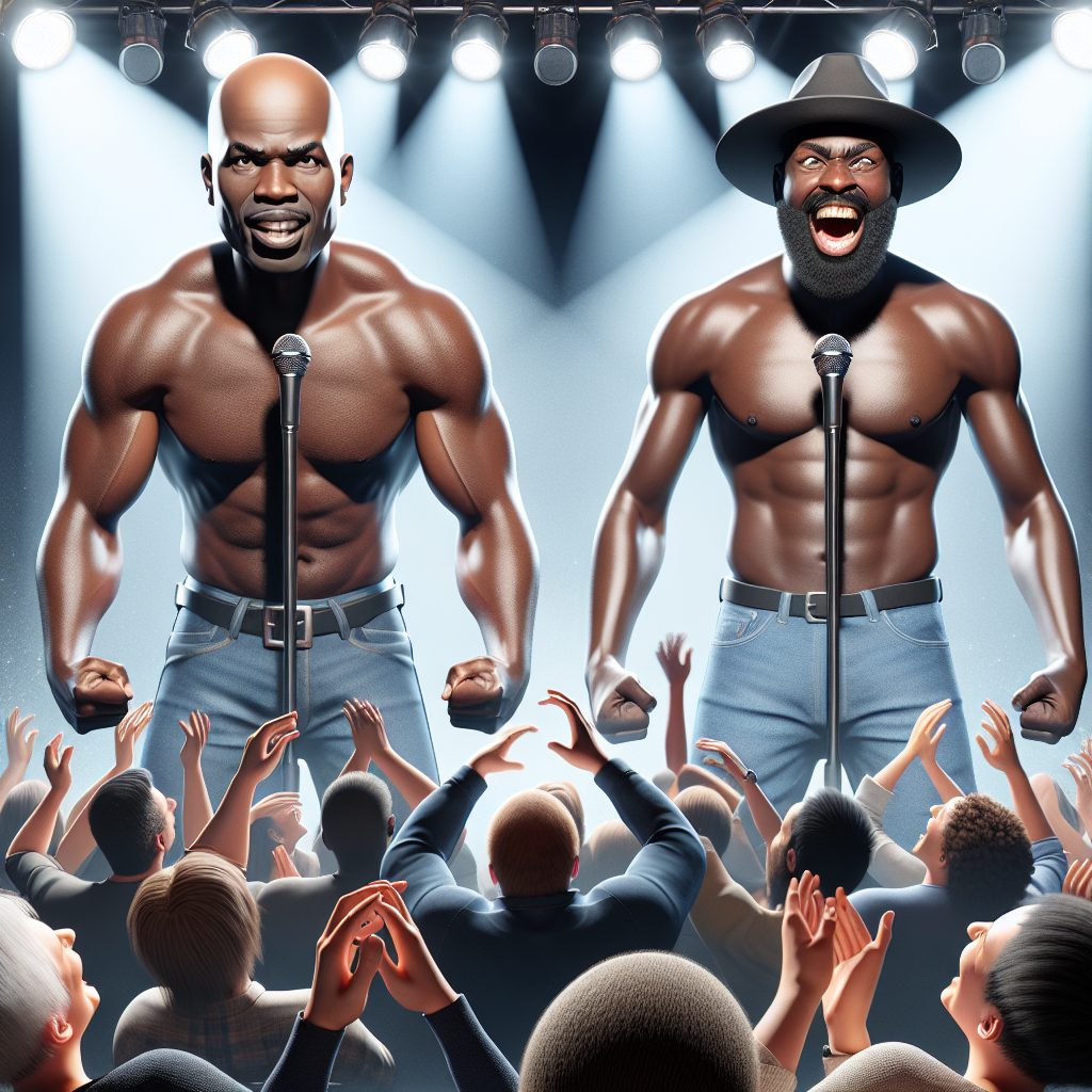 Kevin Hart and Katt Williams performing to a live audience, spotlighted, illustrating their comedic rivalry and charisma.