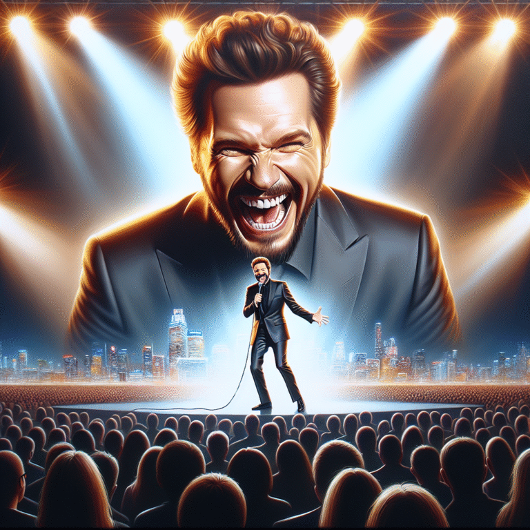 Kevin Hart performing stand-up to a massive crowd, in a suit with spotlights and digital city imagery in background.