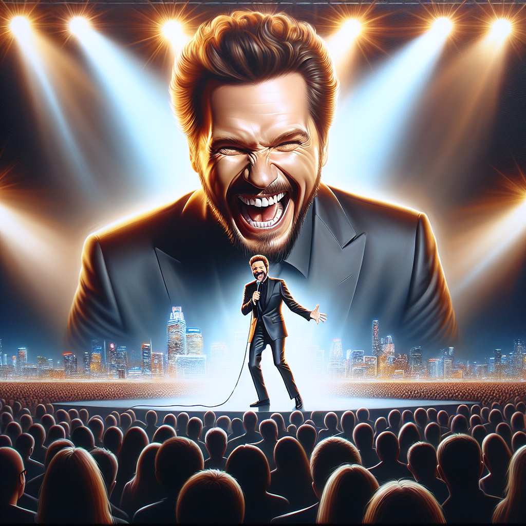 Kevin Hart performing stand-up to a massive crowd, in a suit with spotlights and digital city imagery in background.