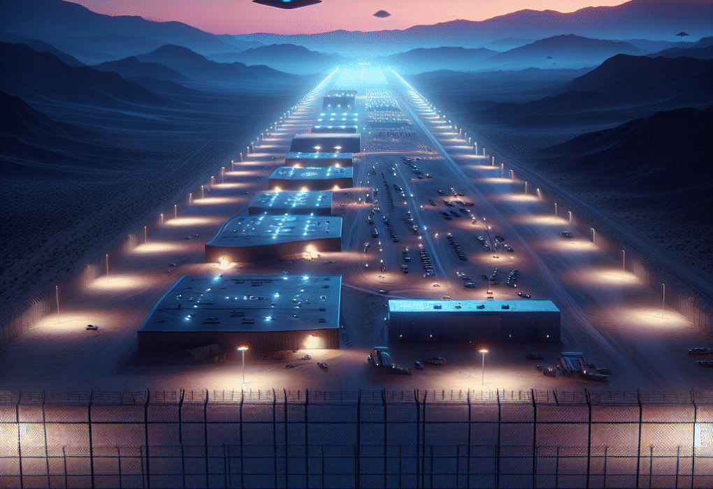 Area 51 at sunset, secretive fences and strange lights in the Nevada desert with faint alien silhouettes in the background.