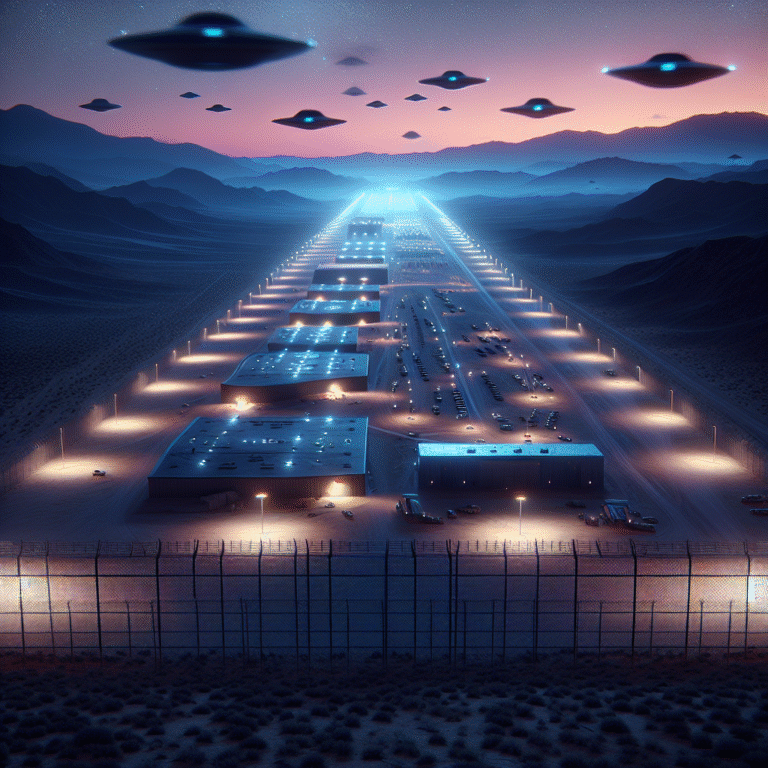 Area 51 at sunset, secretive fences and strange lights in the Nevada desert with faint alien silhouettes in the background.