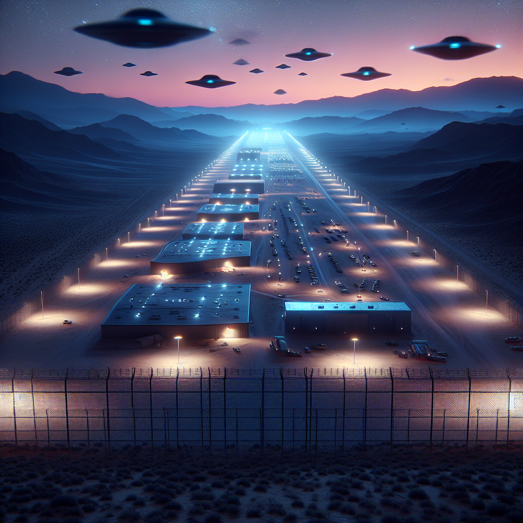 Area 51 at sunset, secretive fences and strange lights in the Nevada desert with faint alien silhouettes in the background.