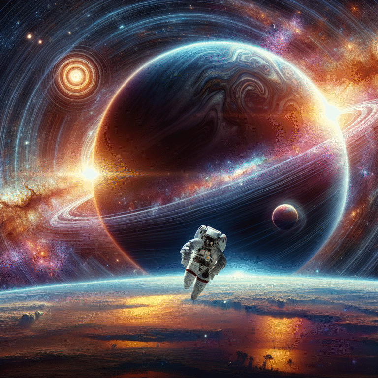 An astronaut experiences time dilation near a massive planet, spacetime warped and clock face distorted by strong gravity.