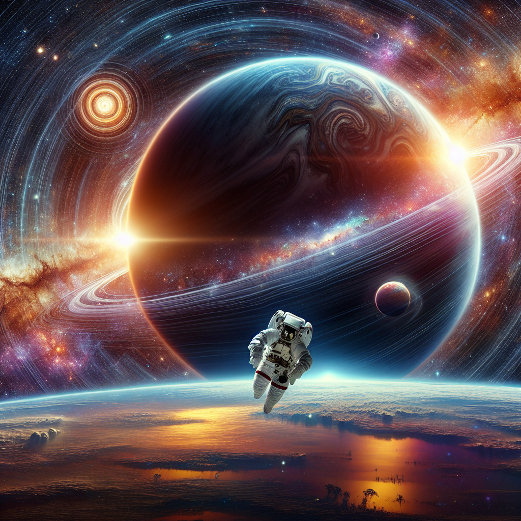 An astronaut experiences time dilation near a massive planet, spacetime warped and clock face distorted by strong gravity.