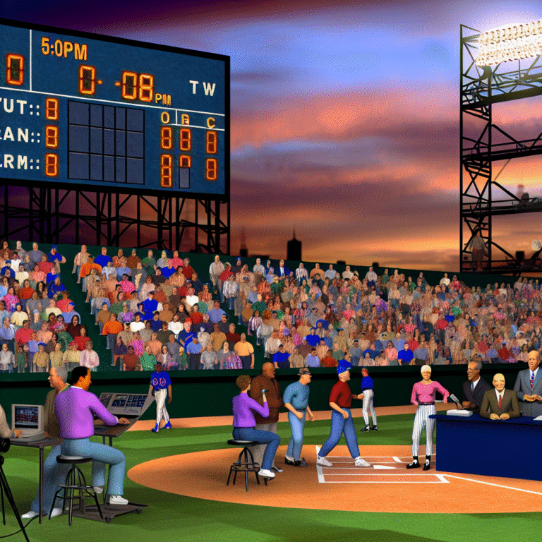 Dodger Stadium at twilight with scoreboard showing 5:08 PM, fans arriving and players warming up before the game.